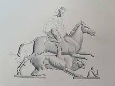 ANTIQUE CLASSICAL ENGRAVING BELLEROPHON AND CHIMAERA 19TH C.