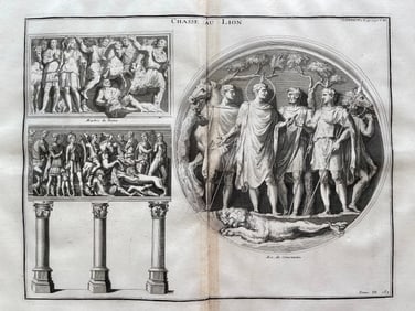 ANCIENT ROME LION HUNTING ENGRAVING CIRCA 1720