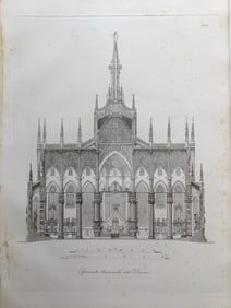 ANTIQUE ARCHITECTURAL ENGRAVING ITALIAN CATHEDRAL