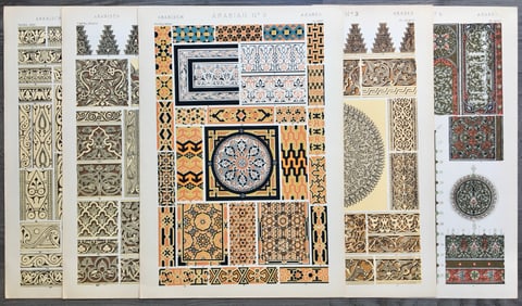 LOT OF 5 ANTIQUE CHROMOLITHOGRAPHS ARABIAN DESIGN
