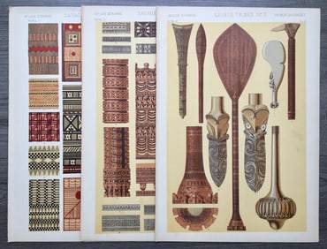 LOT OF 3 ANTIQUE CHROMOLITHOGRAPHS AFRICAN TRIBAL DESIGN