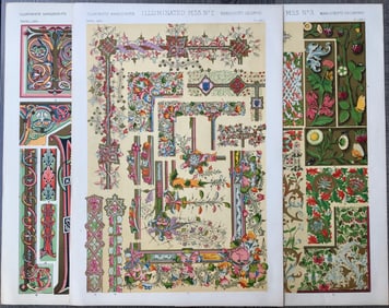 LOT OF 3 ANTIQUE CHROMOLITHOGRAPHS ILLUMINATED MANUSCRIPT