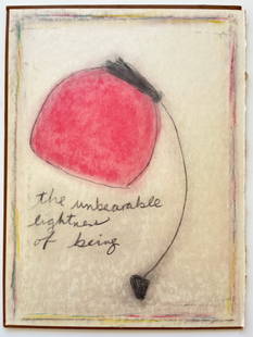 NAIVE ORIGINAL PAINTING THE UNBEARABLE LIGHTNESS OF BEING: OUTSIDER ART OIL STICK AND CHARCOAL ON VINTAGE BOOK COVER. 12.2 X 9.5 INCHES APPROX. PAINTING IS UNFRAMED. SHIPPING IN THE U.S VIA USPS PRIORITY MAIL $20