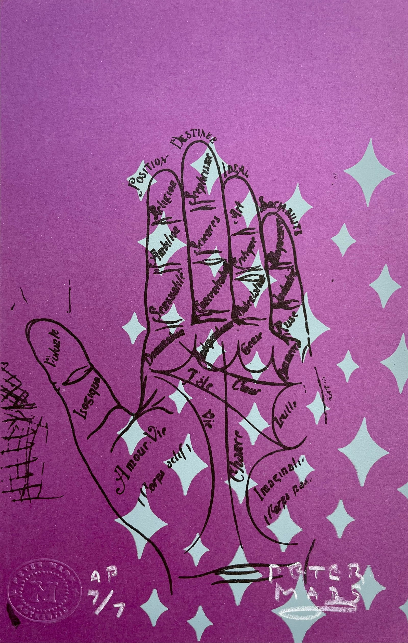 PETER MARS SIGNED ORIGINAL SILKSCREEN PRINT PALMISTRY: Size: 12 X 7.7 inches approx. Unframed. SHIPPING IN THE U.S VIA USPS PRIORITY MAIL $20