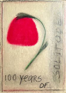 NAIVE ORIGINAL PAINTING 100 YEARS OF SOLITUDE: OUTSIDER ART OIL STICK AND CHARCOAL ON VINTAGE BOOK COVER. 12.2 X 9.5 INCHES APPROX. PAINTING IS UNFRAMED. SHIPPING IN THE U.S VIA USPS PRIORITY MAIL $20