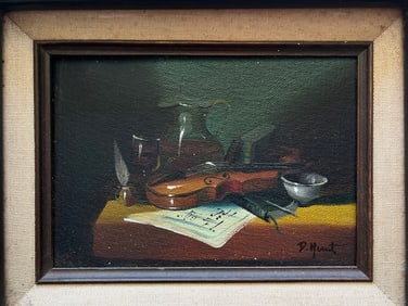 VINTAGE ORIGINAL OIL ON CANVAS STILL LIFE VIOLIN