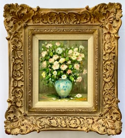 ANTIQUE OIL PAINTING ON ORNATE WOOD FRAME VASE OF FLOWERS