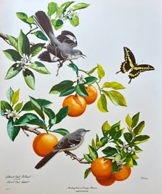 VINTAGE ALBERT EARL GILBERT SIGNED PRINT "MOCKINGBIRDS ON ORANGE BLOSSOM"