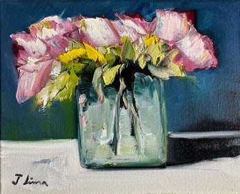 ORIGINAL OIL ON CANVAS PAINTING FLOWERS VASE