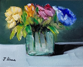ORIGINAL OIL ON CANVAS PAINTING FLOWERS VASE