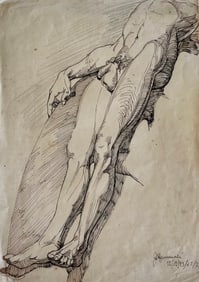 FRENCH ORIGINAL ANTIQUE ACADEMIC DRAWING MALE NUDE