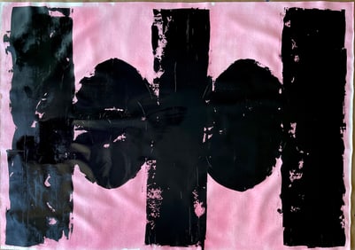 ABSTRACT PINK BLACK ACRYLIC ON CANVAS PAINTING 60X42 IN