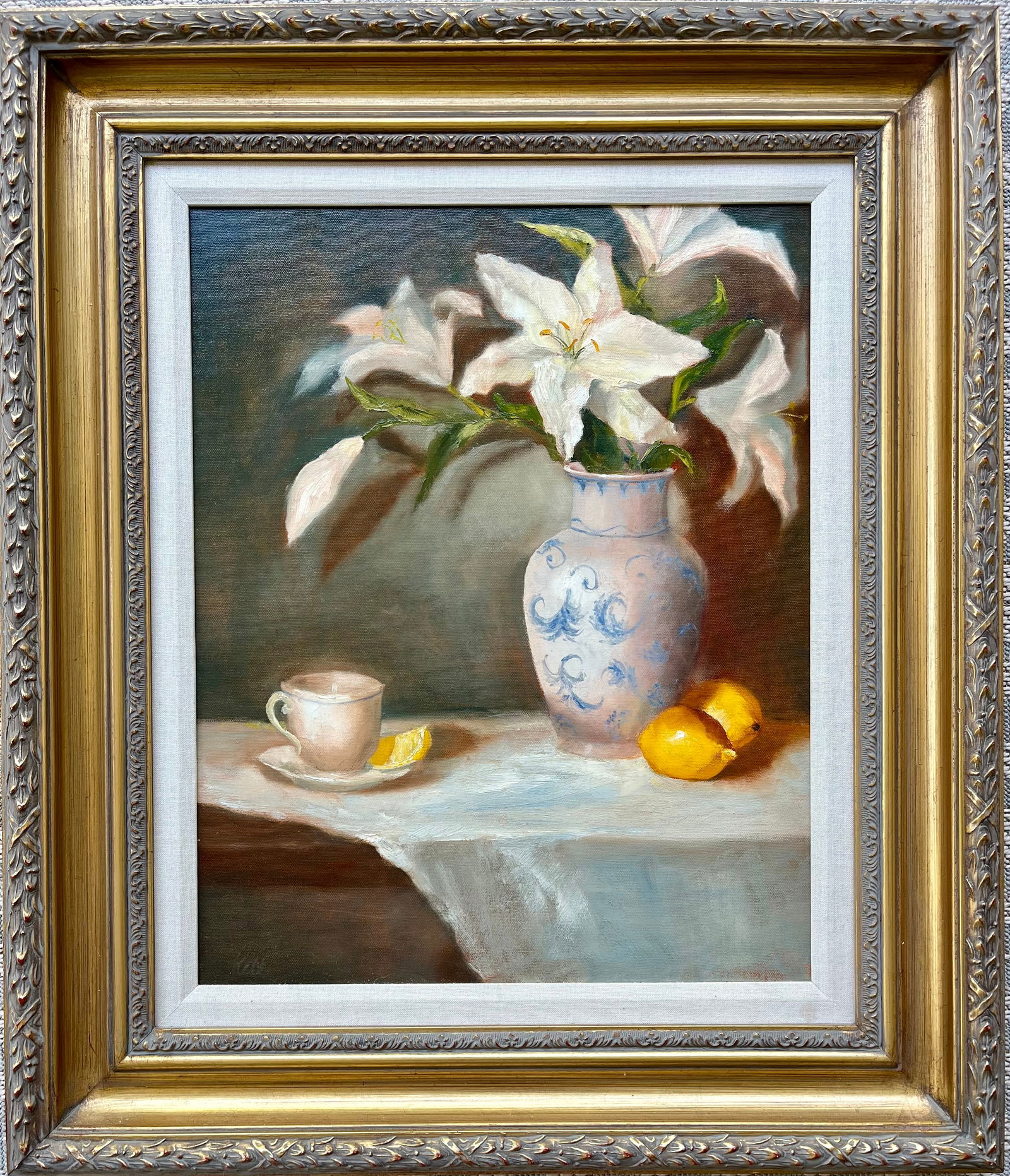 Original Still Life Oil Painting White Lilies And Lemons