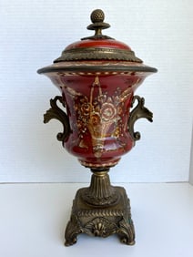 Antique Burgundy Porcelain And Bronze Decorative Urn