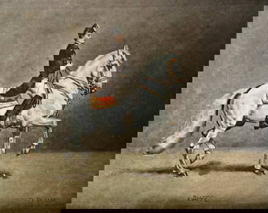 PAIR OF J. PLANK EQUESTRIAN PRINTS ON SILK UNFRAMED: Pair of J. Plank gorgeous equestrian prints on silk, including one titled "Piaffe" and one titled "Croupade". Signature in lower right on both pieces, marked J. Plank - 1959. Unframed. 12 X 10 Inches