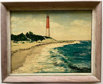 ORIGINAL VINTAGE OIL PAINTING OF A LIGHTHOUSE SIGNED HELEN THOMAS