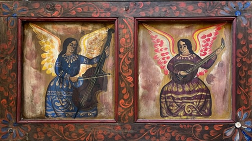 LARGE ANTIQUE MEXICAN RELIGIOUS ICON RETABLO ANGELS