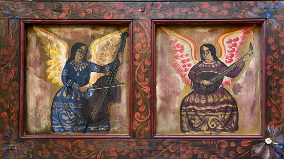 LARGE ANTIQUE MEXICAN RELIGIOUS ICON RETABLO ANGELS: IMPRESSIVE ANTIQUE HAND PAINTED MEXICAN RETABLO ON WOOD. 35 X 20 INCHES APPROX. SHIPPING IN THE U.S $100