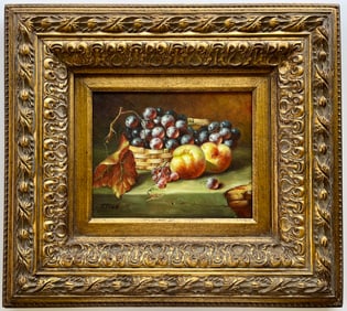 Original Still Life Oil Painting On Ornate Gold Wood Frame Grapes