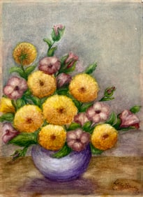 VINTAGE STILL LIFE PAINTING BOUQUET OF YELLOW FLOWERS