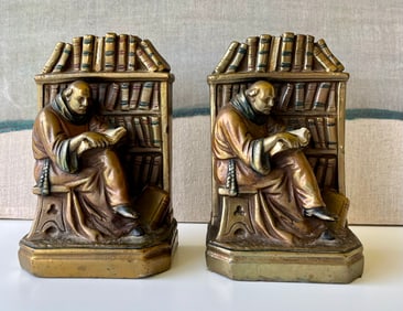 ANTIQUE Pair of Armor Bronze Monk in Library Bookends - early 20th century