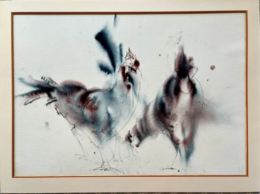 Large Original Midcentury Abstract Watercolor Painting Two Roosters
