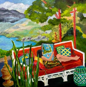 Original Abstract Naive Painting Girl On A Red Sofa