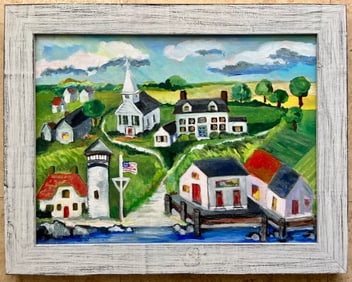 Original Abstract Naive Primitive Style Painting American Town