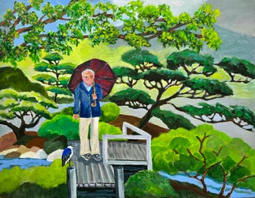 Original Abstract Naive Painting Man With Umbrella