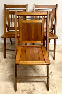 Vintage 1940s Folding Wood Chairs Set of 3 – Mid-Century Mission Style Slat Back: Beautiful set of 3 vintage folding wooden chairs, likely from the 1940s based on patent markings. Originally used in auditoriums or event halls, these classic chairs feature a warm honey-toned wood fi