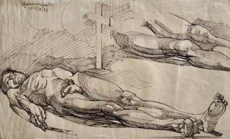 FRENCH ORIGINAL ANTIQUE ACADEMIC DRAWING MALE NUDE