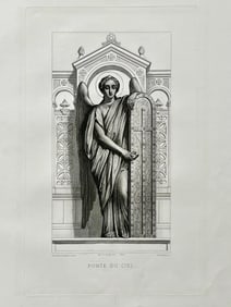 Antique French Religious Etching After Claudius Jacquand Angel Sky Gate