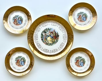 Set of 5 Victorian Style W.S. George Derwood Plates – Romantic Scene & 22K Gold Trim
