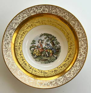 Victorian Style Porcelain 22k gold Bromley Soup Bowl – Rococo Courting Scene, Gold Gilded Trim,: Charming vintage porcelain soup bowl by Bromley, Germany, circa 1950s–1970s. Features a romantic Rococo-style courting couple scene, intricate gold floral gilt trim, and a rich cream and yellow bord