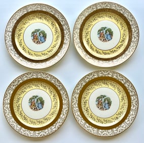 Victorian Style Bromley Plates Set of 4 –22K Gold Trim,Courting Couple Scene 10in