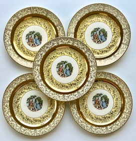Victorian Style Porcelain Bromley Plates Set of 5 –22K Gold Trim 9 inches