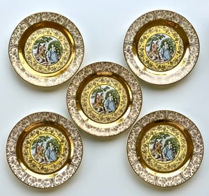 Victorian Style Porcelain Plates Set of 5 – 22K Gold Trim 6 inches Bromley
