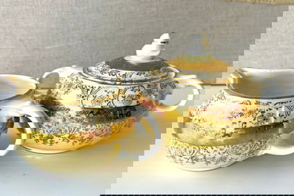 Victorian Style Creamer And Sugar Bowl Set Bromley – 22K Gold – Courting Scene