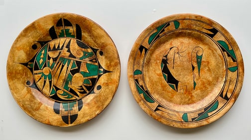 Signed Southwestern Studio Pottery Wall Plates – Hand Painted 16” Set of 2