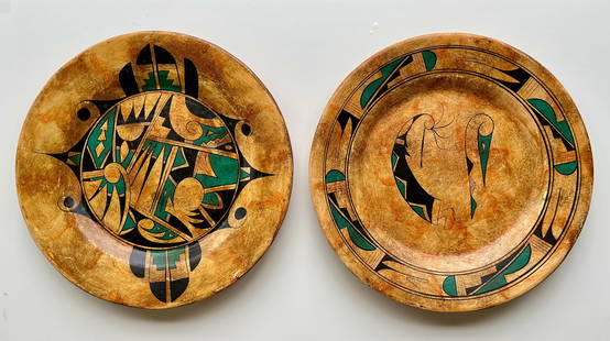 Signed Southwestern Studio Pottery Wall Plates – Hand Painted 16” Set of 2: Set of two hand-painted pottery wall plates signed by the artist.These large 16&rdquo; ceramic plates feature bold Southwestern-style motifs inspired by Native American designs, with geometric, abstra