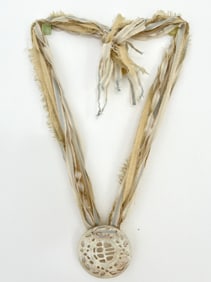 RUSTIC BOHEMIAN NECKLACE WITH JADE STYLE MEDALLION & FRAYED SILK RIBBONS