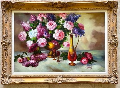 Large Original Oil Painting Floral Romantic Still Life Roses Ornate Gold Frame