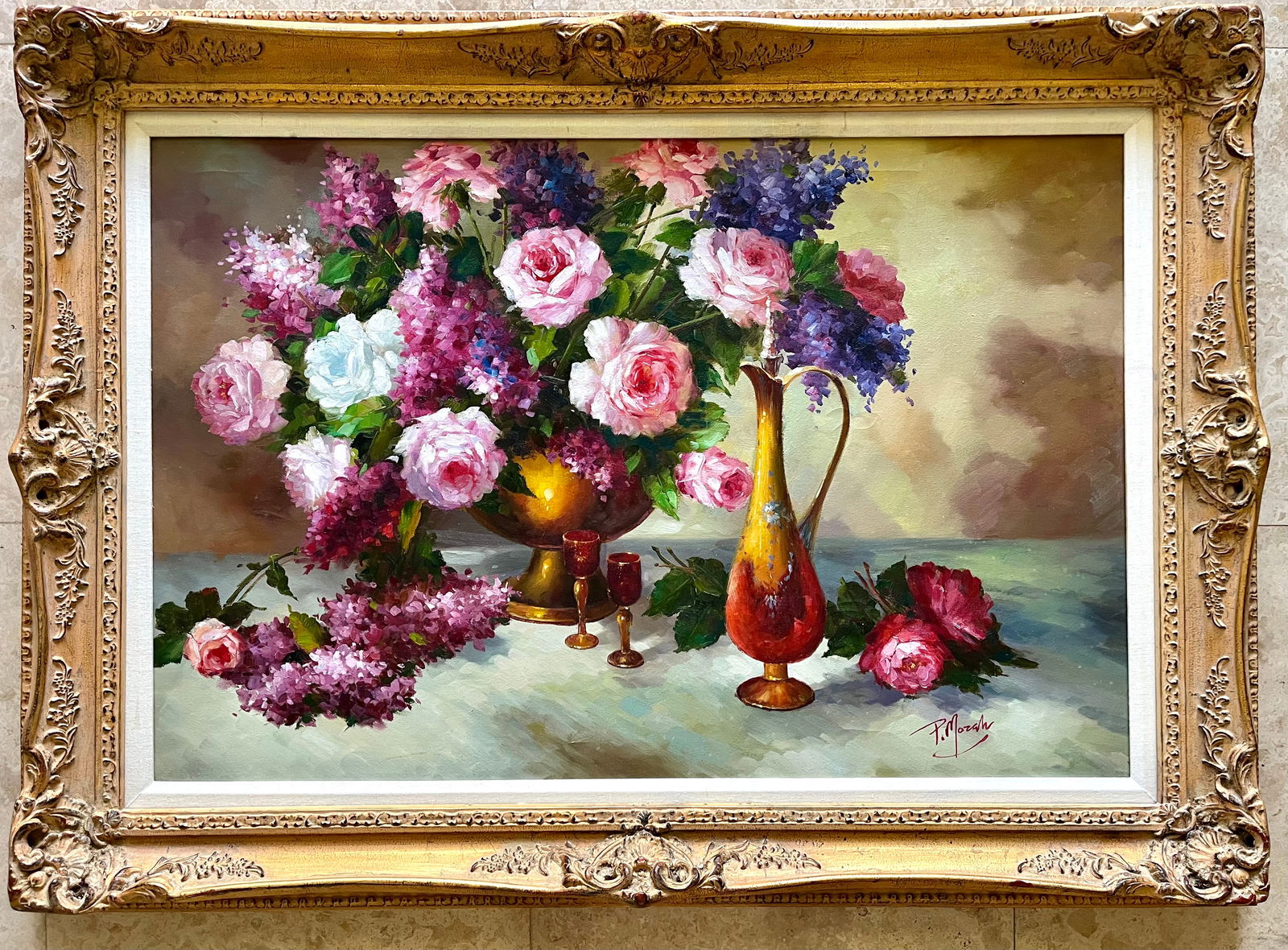 Large Original Oil Painting Floral Romantic Still Life Roses Ornate Gold Frame