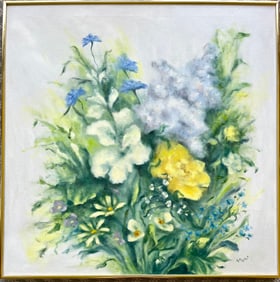 Original Vintage Oil Painting –Irises, Roses & Spring Flowers 30x30”