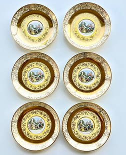 Victorian Style Porcelain Plates Set of 6 – 22K Gold Trim 5.5 inches Bromley: Set of 6 vintage Bromley decorative plates featuring a romantic courting couple scene in the center. Elegant ornate border with rich 22K gold trim. Marked on back: Bromley – Decorated – 22 Karat G