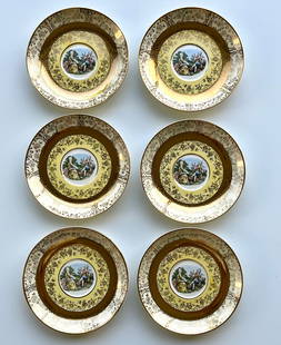 Victorian Style Porcelain Plates Set of 6 – 22K Gold Trim 5.5 inches Bromley: Set of 6 vintage Bromley decorative plates featuring a romantic courting couple scene in the center. Elegant ornate border with rich 22K gold trim. Marked on back: Bromley – Decorated – 22 Karat G