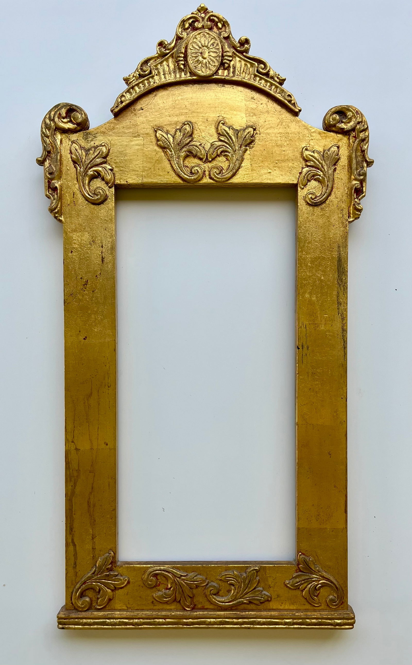 ANTIQUE SPANISH COLONIAL BAROQUE WOOD FRAME HAND CARVED GILT: Gorgeous Antique Mirror or Picture Frame. Total Frame Size 31 X 16.5 Inches Approx. Frame Opening is 9 X 19 inches approX. SHIPPING IN THE U.S VIA USPS PRIORITY MAIL $30