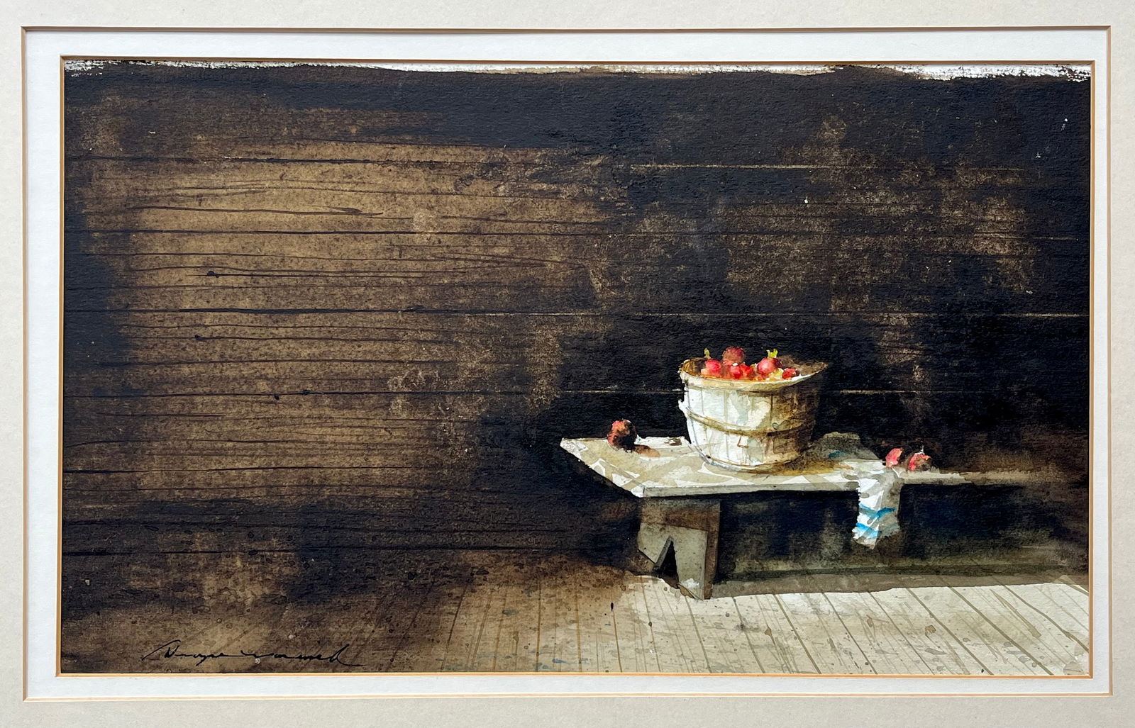 Original Watercolor Rustic Still Life Pomegranates in Bucket Andrew Wyeth Style