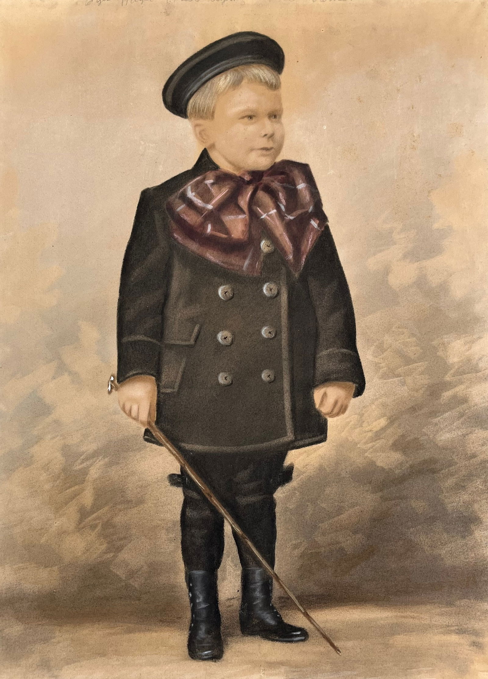 Antique Charcoal Portrait on Canvas – Young Boy in Sailor Outfit with Stick (1 of 4)