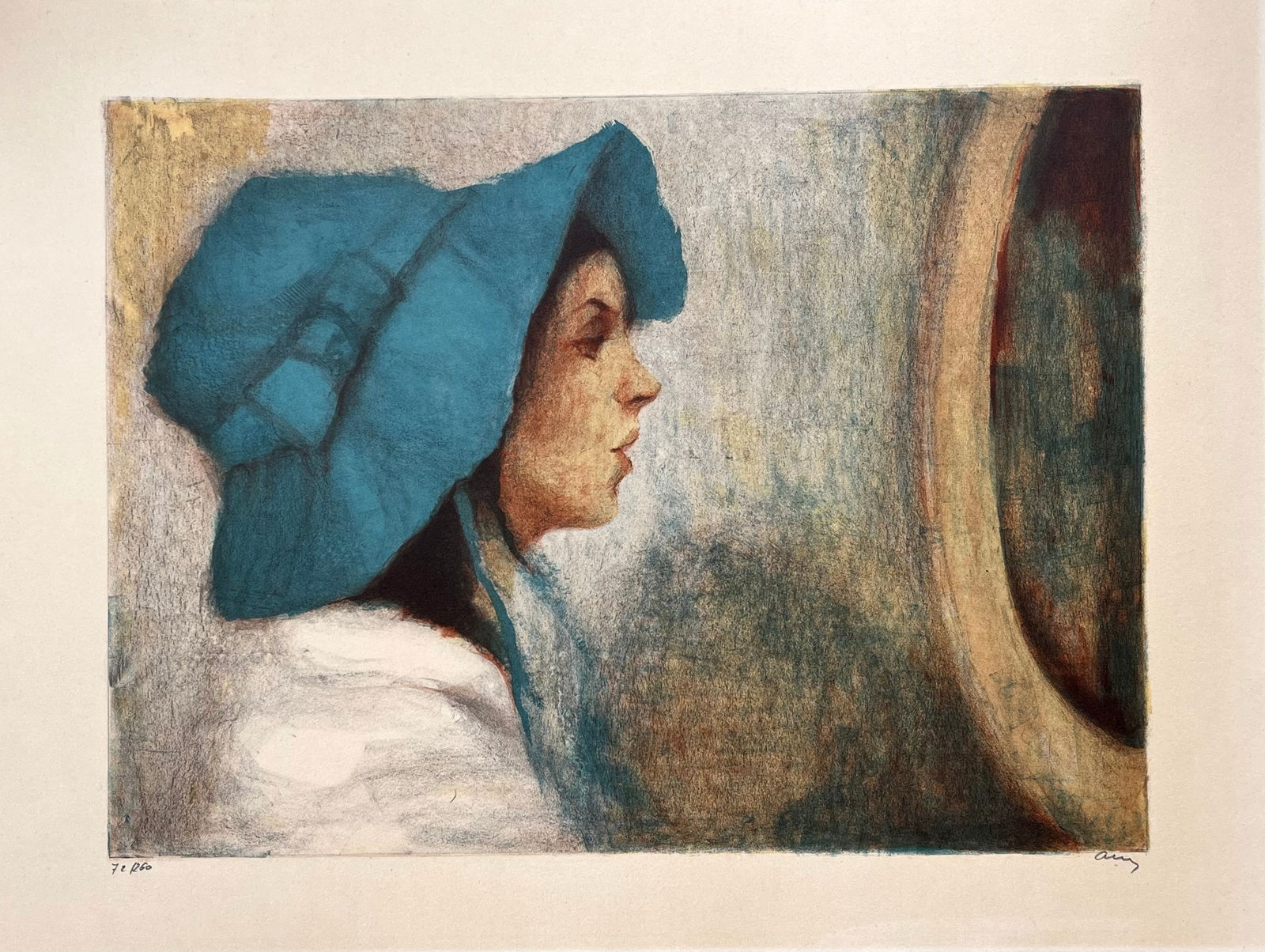 VINTAGE SIGNED LITHOGRAPH WOMAN IN BLUE HAT: ORIGINAL LIMITED EDIION LITHOGRAPH, SIGNED AND NUMBERED. SIZE: 25.5" X 19" APPROX. UNFRAMED. SHIPPING IN THE U.S VIA USPS PRIORITY MAIL $20